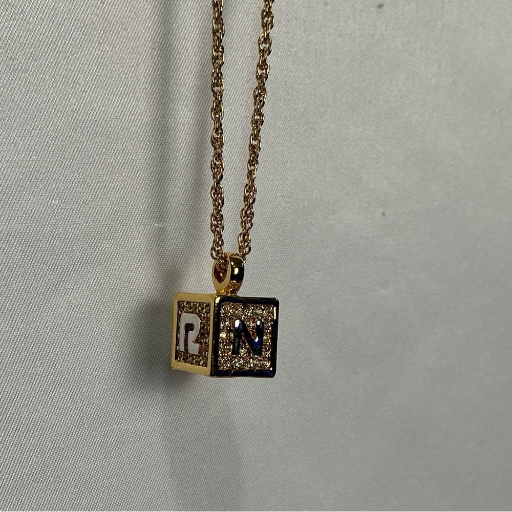 Vintage Nina Ricci Cube Dice Rhinestone Pendant NR Logo Gold Silver Necklace - Picture 4 of 10
